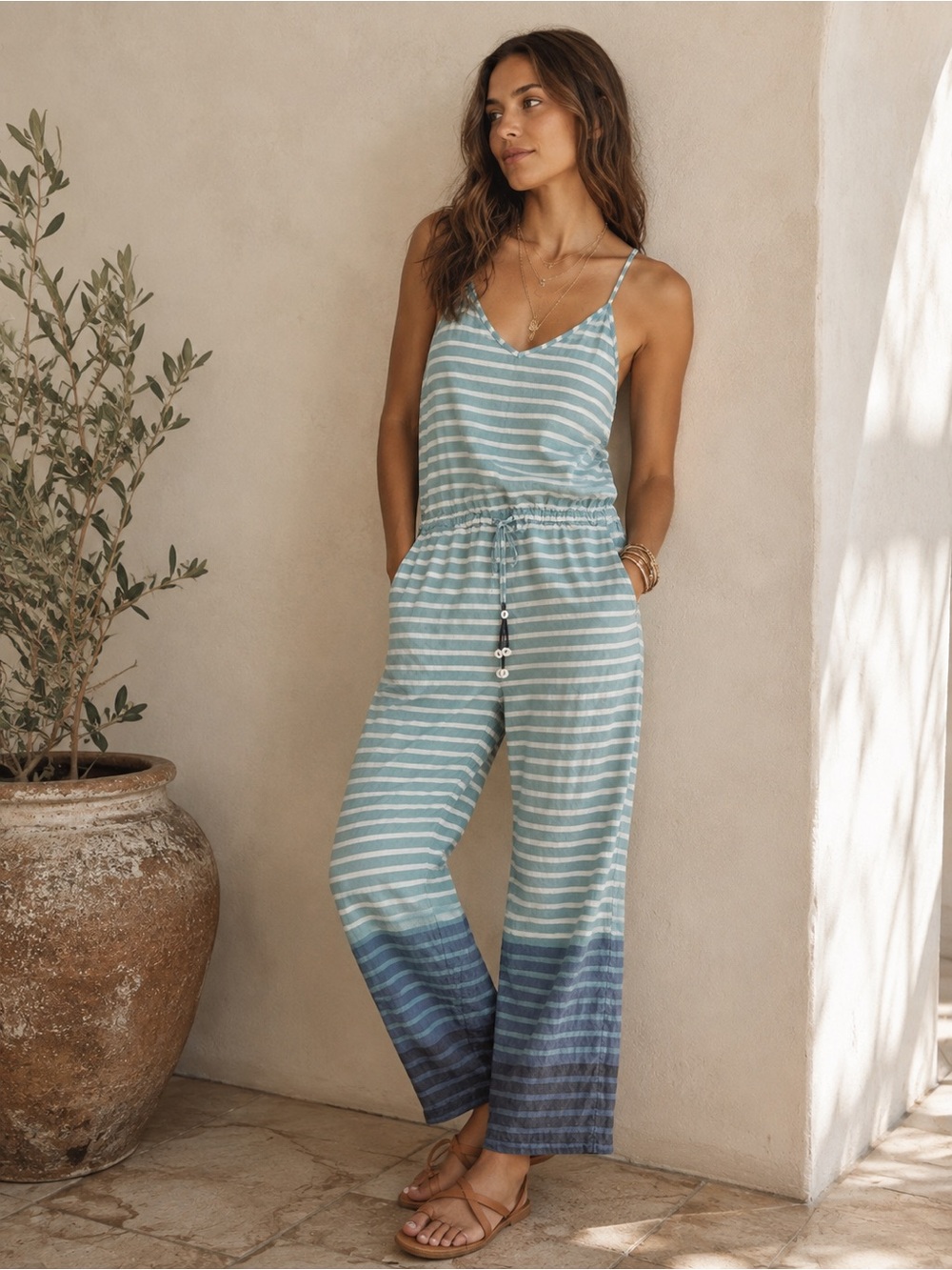Kopal Anthropologie Striped Ombre Jumpsuit Spaghetti Strap Tassel Tie Size M